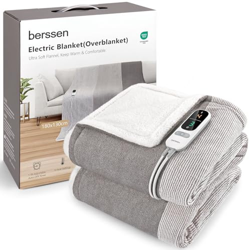 berssen Heizdecke mit Abschaltautomatik,6 Heizstufen,1-9 Stunden Auto-Off-Timer Überhitzungsschutz,Elektrische Kuscheldecke für Home & Office, 130x180cm,Mix-Grau