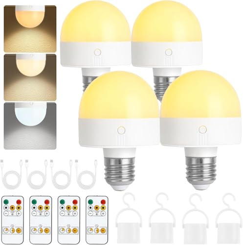 Fynokst USB-C Rechargeable Bulb with Remote Control, 3 Colours, Dimmable E27 LED Bulb with Battery, 5W Touch Control Battery Bulb with Timing Function, Emergency Light with Magnetic, Pack of 4