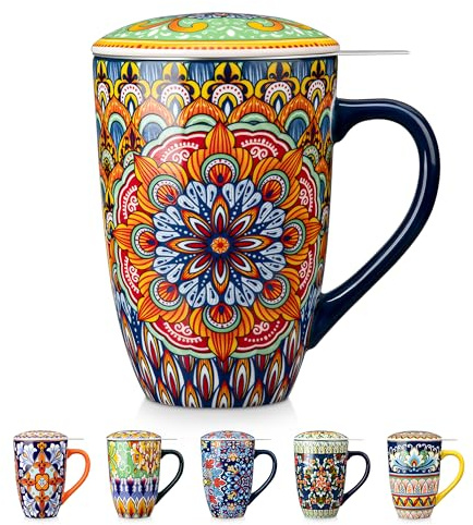 vancasso Ceramic Tea Cup with Stainless Steel Infuser & Lid, 530ml Large Tea Mug for Loose Leaf Tea, Heat Retaining, Microwave & Dishwasher Safe – Cobalt Mandala
