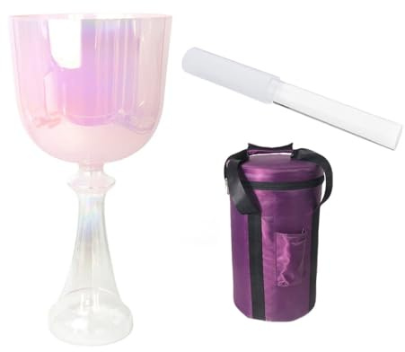 7 Inch Pink Clear Handle Crystal Singing Bowl, Handle Chakra Grail, Gift For Yoga Meditation & Sound With Suitcase & Acrylic Striker (B Note)