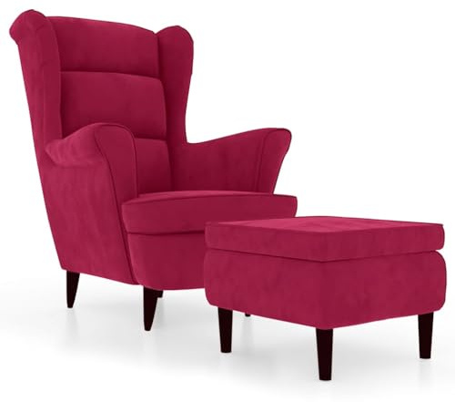 Yisssmeng Roter Ohrensessel mit Hocker aus Samt 78 x 90 x 96,5 cm Lounge Sesel für Wohnzimmer Schlafzimmer Büro Lese & Relax Ecke, Holzbeine 110 kg Belastbar