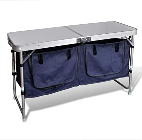 Kaloriko Mobile da campeggio in alluminio con grande piano di lavoro e 2 scomparti, pieghevole, leggero e compatto, ideale per esterni, campeggio, giardino, spiaggia, picnic, viaggi, festival