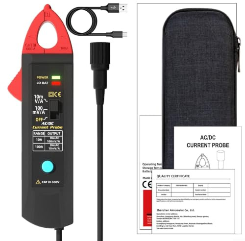 UP1 Current Clamp Meter for Oscilloscope, AC/DC to 100A, BNC Interface, Dual Range 10MV/A & 100MV/A, Non-Contact, USB-C Rechargeable, for Electrician Repair, Black