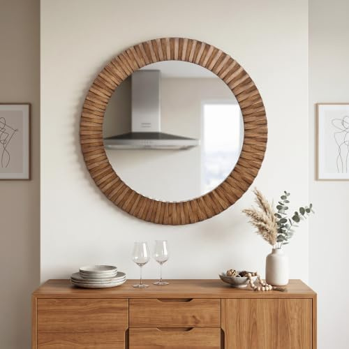 Hometopia 74 cm Runder Spiegel mit Eichenholzrahmen, HD Wandspiegel | Natürliches Eichenholzdesign mit HD-Spiegelglas – stilvoller Wandspiegel für Bad, Flur, Schlafzimmer und Wohnzimmer.