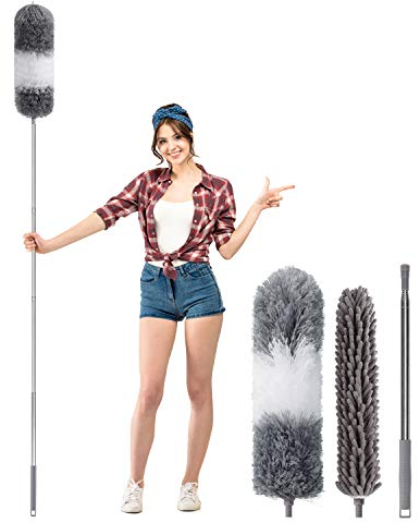 Staubwedel Teleskop Dehnbarer, Waschbar Mikrofasern Staubwischer mit Extra Lang 255cm Edelstahl Stange, Staubbesen Duster mit Verbiegbare Eckbesen für Staub und Spinnweben