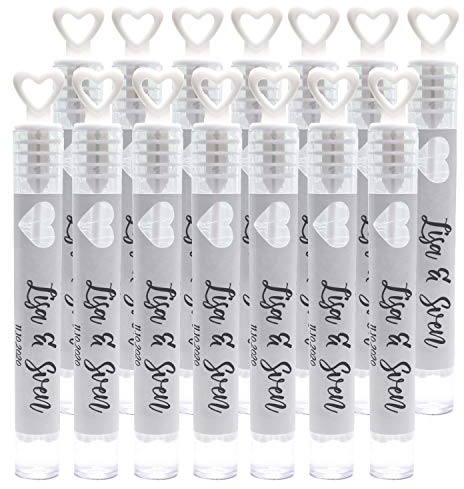 B4P Seifenblasen Hochzeit Set mit individuellem Sticker Etikett Anhänger Aufkleber 24 teilig mit Herzgriff - für Hochzeit Gastgeschenk Taufe Geburtstag Goldene Hochzeit Verlobung Valentinstag