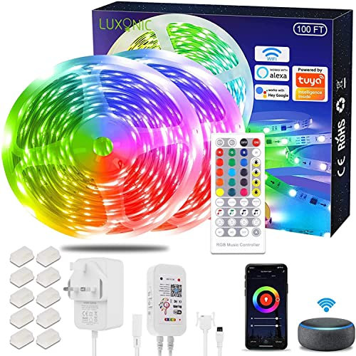 LUXONIC 30m Alexa LED Strip Lights with Remote 101.68ft WiFi RGB Colour Changing Smart Led Light Strips Music Sync App Control Work with Alexa Strips Light for Bedrooms TV Party