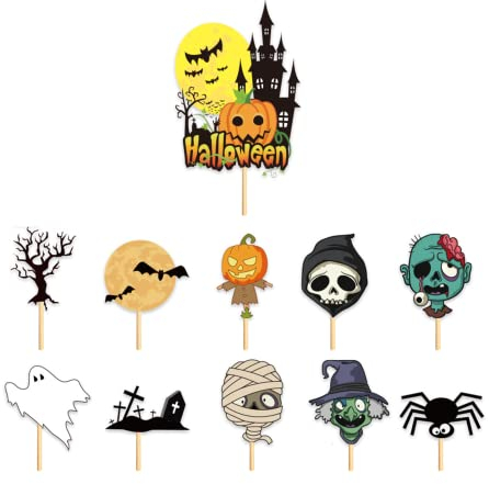 POPOYU 11 Pcs Halloween Cake Toppers Decoration Ghost Halloween Themed Pumpkin Spider Ghost Cup Cake Toppers Haunted House Cake Topper Halloween Cake Decoration for Halloween Party