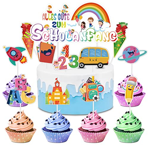 24 Stück Schulanfang Tortendeko Cupcake Topper Schuleinführung Kuchen Dekorationen Tortendeko Einschulung -bunt/einfach zu montieren - Für Mädchen und Junge Schulanfang Party Deko