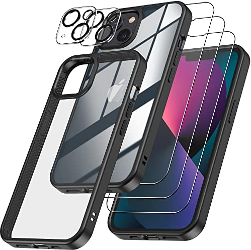 Emetok 6 in 1 Panzerglasfolie und Hülle Set für iPhone 14/iPhone 13, Schutzhülle mit 3x Display- und 2x Kameraschutz, 100% Nie-Vergilbung, stoßfest, leicht anzubringen, Schwarz