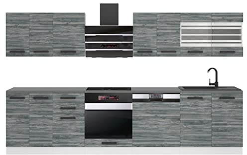 BELINI | Küchenzeile Küchenblock Lucy - Küchen-Möbel 300 cm | Küche komplett ohne Elektrogeräten mit Hängeschränke und Unterschränke | Mit Arbeitsplatten | Glamour Wood