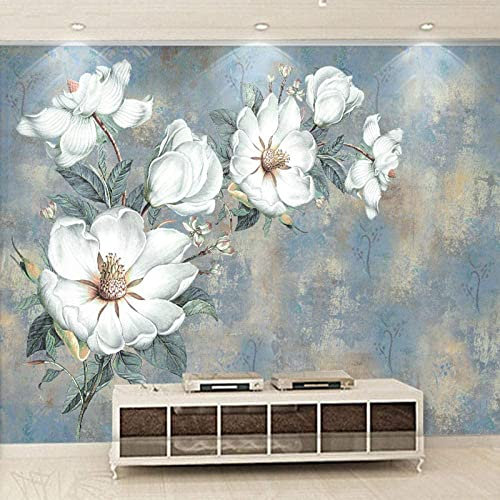 Papier Peint Fond De Télé Nordique Peinture À L'Huile De Fleur Blanche En Relief Papier Peint Salon Chambre 3D Décoratif Mural Film Revêtement Mural 3D Fonds D'Écran Papier Peint Pâte 400(L)x280(H) cm