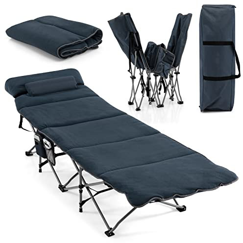 GYMAX Lit de Camp Pliable & Rétractable avec Sac de Transport, Matelas et Oreiller Amovibles, Lit de Camp Portable et Résistant, Chaise Longue Pliable pour Adultes (Bleu)