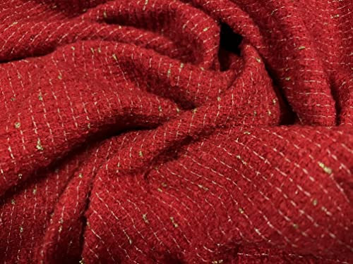 Schwerer Bouclé-Stoff aus Wollmischgewebe, mit Lurex-Glitzer, Meterware, Rot und Gold Metallic