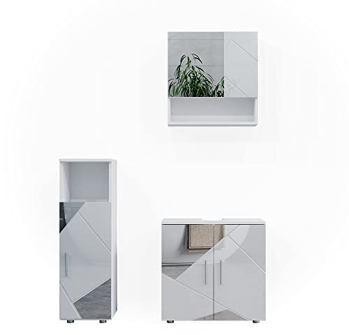 Vicco Badmöbel-Set Irma, Weiß Hochglanz mit Einsätzen, 80 cm, besteht aus Waschbeckenunterschrank, Spiegelschrank und Midischrank