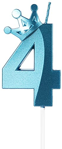 Yiran Blue 4th Birthday Candles with Crown, 3inch Giant Number 4 Candle, 4th Birthday Candle for Cake, Happy Birthday Candle, Cake Candles Cake Topper Decorations for Boys Birthday Party Supplies