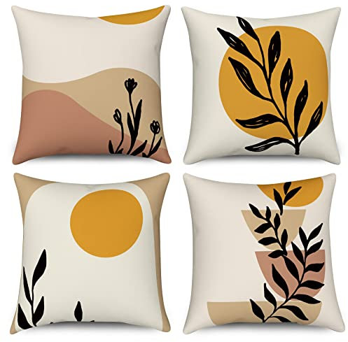 Hnmdmyi Kissenbezug Boho 45x45 4er Set, Abstraktes Blatt Pflanze Sonne Berg Dekorative Kissenbezüge Minimalistisch Geometrisch Modern Ästhetisch Leinen Kissenhülle für Sofa Couch Outdoor Home Decor