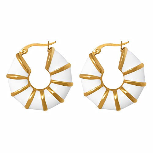 Fluidable Belle boucles d'oreilles créoles bambou épais blanc moyen 28mm plaqué or 18 carats pour femmes Medium White Classic Thick Hoop Earrings, adeau d'anniversaire (White)