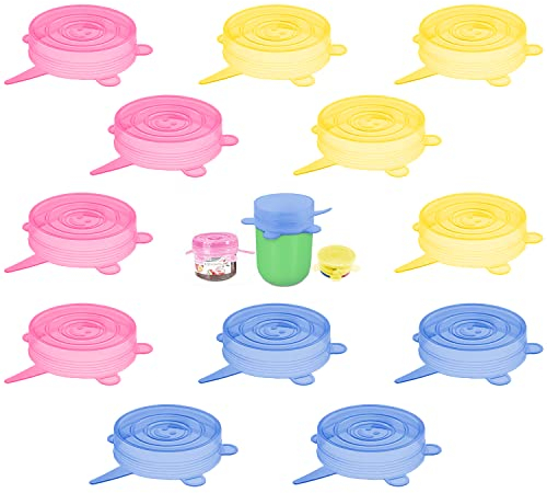 Couvercle silicone alimentaire reutilisable ecologiques Couvercles de boîtes d'aliments pour animaux Couvercles de bocaux en verre Sans BPA Lavable au lave-vaisselle (12 Pièces)