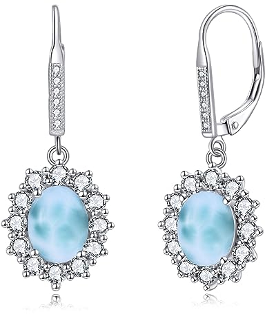 YFN Geburtsstein Ohrringe Sterling Silber Ovale Tropfen Baumeln Hebelarm Ohrringe Schmuck Geschenke für Damen (Larimar)