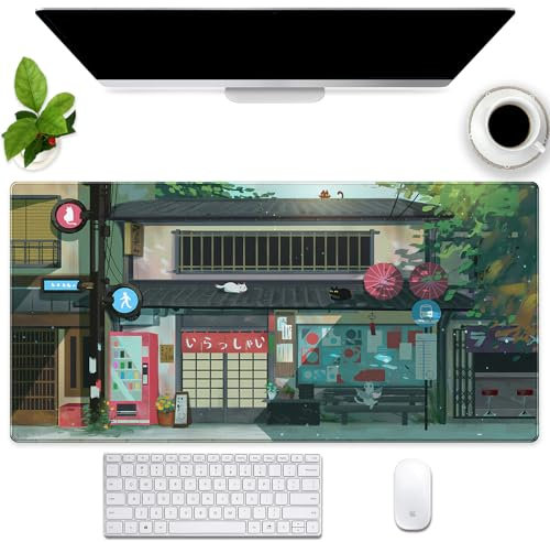 Cute Cat Desk Pad, Gaming Mouse Pad, XXL Kawaii Mouse Pad 31.5 x 15.4, Green Mouse Pad and Keyboard, Mouse Pad with Stitched Edges Non-Slip Washable for Office and