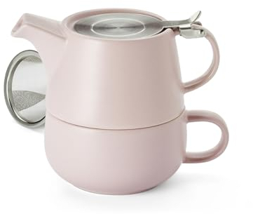 Cha Cult teemando® Tea-for-one Set Saara, rosa Keramik, 4-teilig mit Edelstahlsieb- und -Decke Kanne 0,45 l, Tasse 0,3 l Kanne: H 10 cm, Ø 6,7 cm Tasse: H 6 cm, Ø 10 cm