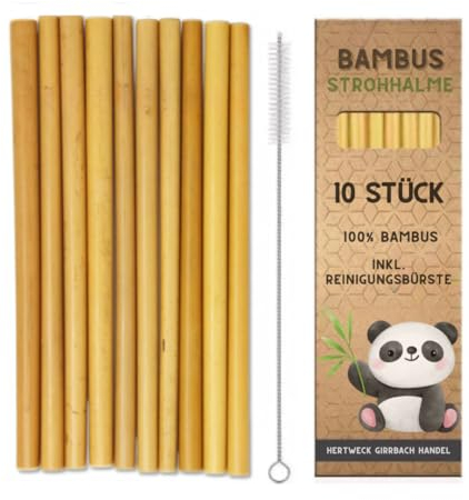 HGH® Strohhalme aus Bambus wiederverwendbar mit Reinigungsbürste - 10er Set Strohhalme- Flexible Trinkhalme- Mehrweg Strohhalme aus Bambus für Milch, Saft und Cocktails