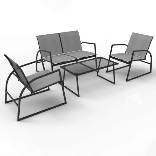RANSENERS 4-Teilig Gartenmöbelset Kompakt Sofagarnitur - Stabiler Metallrahmen mit Polyrattan Sitzfläche Balkonmöbelset für Garten Terrasse und Balkon (Grau)