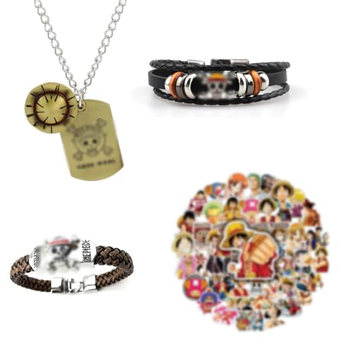 Gloryit Bracelet One Piece, One Piece Collier,One Piece Autocollant,Bracelets en cuir tressé avec,Bracelet Style Rétro Unisexe avec Accessoires,bracelets en cuir tressé avec pendentif