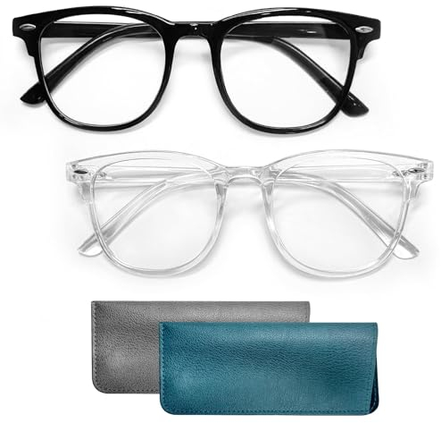 Yvmew 2 Pièces Lunette Anti Lumière Bleue, Blocage Lumière Bleue Lunettes de Ordinateur avec 2 Pochettes en Cuir Lunettes Anti Fatigue à Verres Transparent et Noir pour Homme Femme Écran