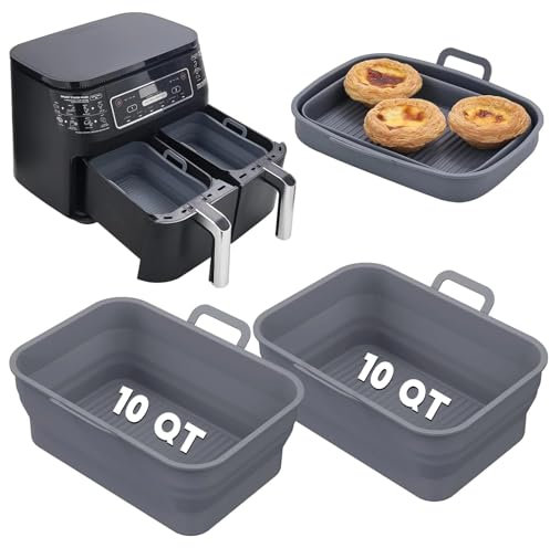 Vangerute Collapsible 2-Pack Air Fryer Silicone Liners for 10QT NINJA Foodi Dual, Rectangular Air Fryer Silicone Pot, Reusable Silicone Air Fryer Basket for Air Fryer Accessories (Gray)