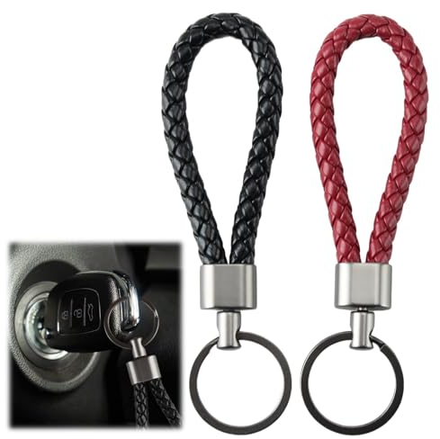 2 Pièce Porte-clés en cuir synthétique tressé pour voiture,Porte-clés Voiture Homme Femme, Porte Clés en Cuir Tressé,Porte Clef Cuir Tressée pour Voiture Maison Bureau Clés (Noir + Rouge)