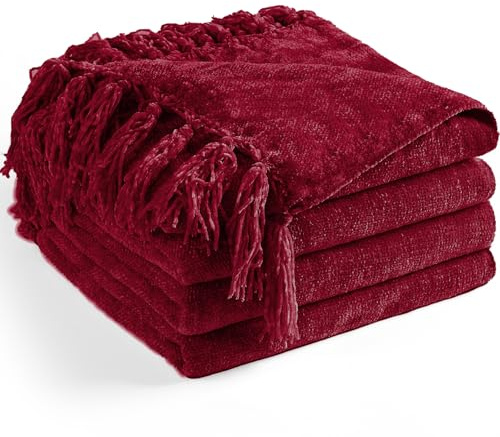 Long Create Chenille-Überwurfdecke für Couch, 152 x 203 cm, weich, gemütlich, Überwurf mit Fransenquaste für Bett, Sofa, Stuhl, leicht, gestrickt, dekorative Boho-Decken für Wohnzimmer, Rot
