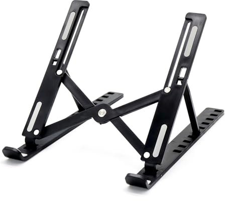 London Express Aluminium Laptop Stand for Desk, Adjustable Laptop Riser ABS+Silicone Foldable Portable Metallic Laptop Holder, Ventilated Cooling Notebook Stand for 10-15.6” Laptops, Tablet (Black)