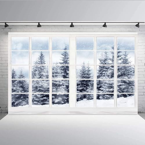Aisnyho Winter Snow Scene Backdrop Window Snowflake Landscape Pine Trees Wonderland Backdrops Background for Photography Family Party Decorations New Year Xmas Picture Banner (7x5FT)