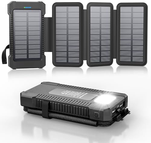 Solar Power Bank 26800 mAh with 4 Solar Panels, Power Bank USB-C Quick Charge for Compatible Phones, IPX7 Waterproof Outdoor External Batteries with Flashlight Light/SOS/Strobe (Black)
