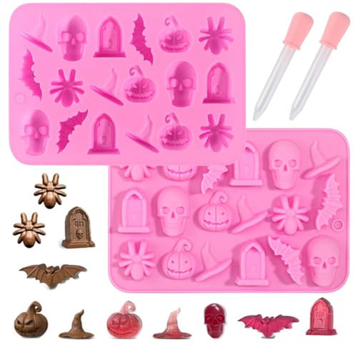 2 Stück Halloween Silikonform, Halloween Schokoladenform 3D Silikonform Halloween Halloween Backform, Mini Totenkopf Kürbis Fledermaus Silikonform für Schokolade Süßigkeiten Gelee