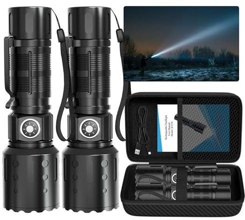 Tommax Torcia ricaricabile – 20000 lumen LED super luminosa, piccola e potente, dimmerabile, 6 modalità con funzione di memoria, torcia tascabile impermeabile IPX5 per campeggio, emergenza,