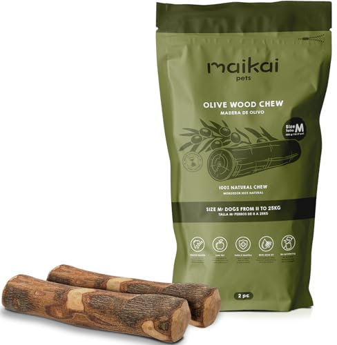 MAIKIA Lot de 2 Bâtons en Bois d'Olivier pour Chien Taille M (11–25 kg) – Os à Mâcher Naturel pour Grands Chiens – Anti-Tartre + Anti-Stress et Hygiène Dentaire