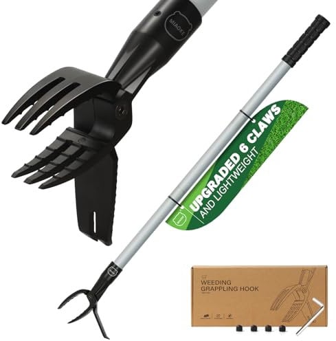 MIAOKE 6-Claw & Light Weeding Tool, 44.5” Weed Puller Tool with Foot Platform Design, Manual Stand Up Weed Puller for Lawns, Patios, Gardens Crabgrass, Dandelion Picker Without Bending or Kneeling-B