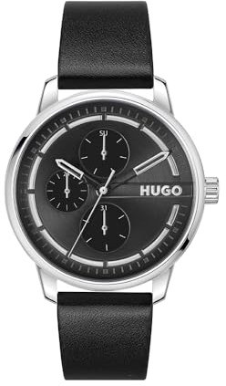 HUGO Multi Zifferblatt Quarz Uhr für Herren Kollektion #Stamp Multi mit Schwarzes Lederarmband - 1530366