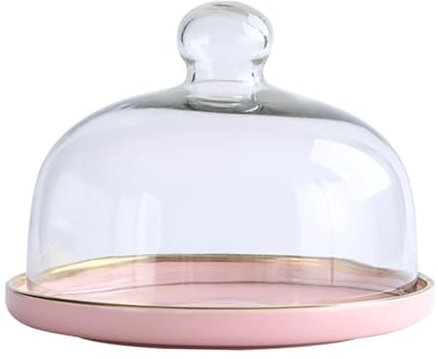 Gaxcent Kuchenhaube Keramik Kuchenplatte Glas, Kuchenglocke Ständer Tortenständer Glashaube Lebensmittel Abdeckung Für Hochzeit Geburtstag Party,Rosa,15cm