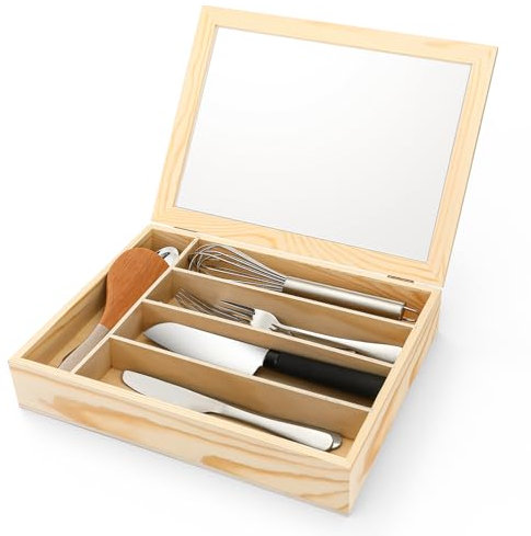 Baderke Rustic Wooden Silverware Organizer with Lid, 5 Slots, Kitchen Drawer or Countertop, Silverware Storage Case, Cutlery Tray