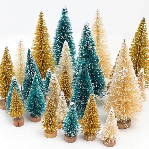 Mini Christmas Trees Artificial Christmas Tree Bottle Brush Trees with Wooden Base for Christmas Decor Christmas Party Home Table Craft Decorations (24 Pcs Green+Gold)