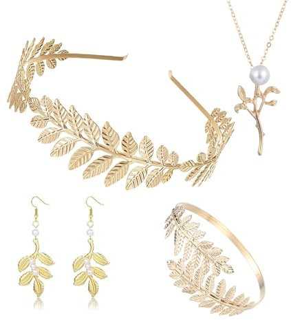 AYNKH Griechische Göttin Zubehör Set für Damen - Enthält Goldenen Lorbeerkranz, Ohrringe, Armreif und Halskette für Griechische Göttin Kostüm, Cleopatra Schmuck, Kleopatra Kostüm