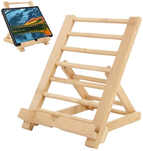 Support de tablette réglable, support de livre réglable en bois, support de livre de cuisine de cuisine, support de téléphone portable de bureau avec trou de chargement pour livre de cuisine/tablette