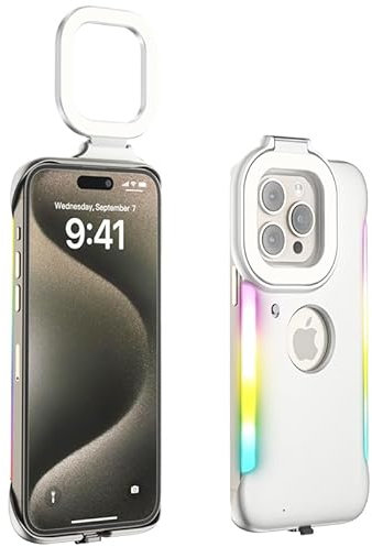 Generic Fill Light Phone Case with Hidden Phone Holder, Suitable for iPhone 12/13/14 Pro (Suitable for 12, 13, 14 Pro) - RGB Lighting with Rhythmic Effect, Alloy Stand, White
