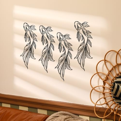 Tandefio Koi-Fisch-Wandkunst, schwarzes Metall, Fisch-Wanddekoration, 30 x 16 cm, Fisch-Metall-Wandkunst, Feng Shui-Design, minimalistische Wandkunst für Badezimmer, Wohnzimmer, Bauernhaus, 4 Stück