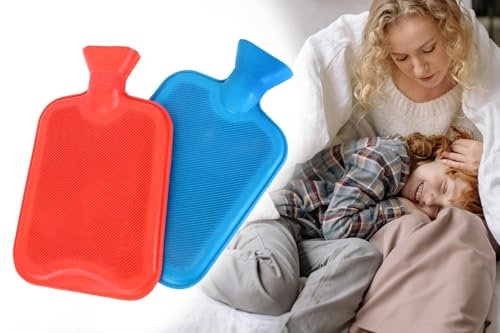 Wärmflasche 2L, Heizflasche, Wärmetherapie, Bettflasche Rot Blau ohne Bezug, Naturkautschuk, gegen Bauchschmerzen Rückenschmerzen Menstruationsbeschwerden (1x Rot)
