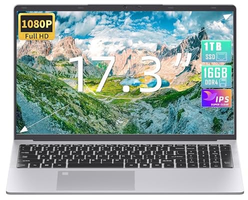 17,3 Zoll Laptop, 16GB RAM, 1TB SSD, Quad-Core Celeron N5095 CPU(bis 2,9 GHz), FHD IPS Display, Win11, Office19, Fingerprint Sensor, beleuchtete Tastatur, HDMI, WiFi, BT, 3X USB 3.0, Silber